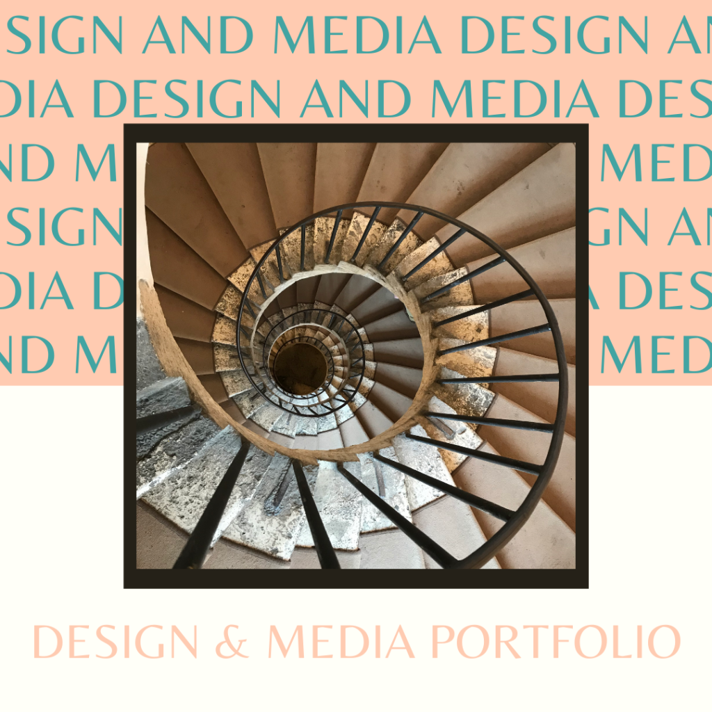 A photo link to the Design and Media portfolio. The photo is of a downward view of a staircase from a castle in Tivoli, Italy. The photo is in front of text indicating the link to the design and media portfolio.